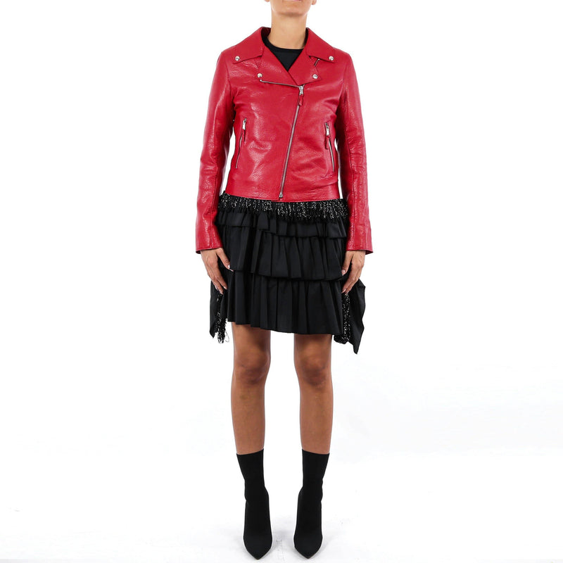 Italian handmade Women soft genuine lambskin lamb leather biker jacket slim fit color natural grainy red