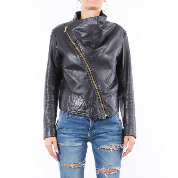 Italian handmade Women genuine soft lambskin leather trendy biker asymmetrical jacket slim fit black