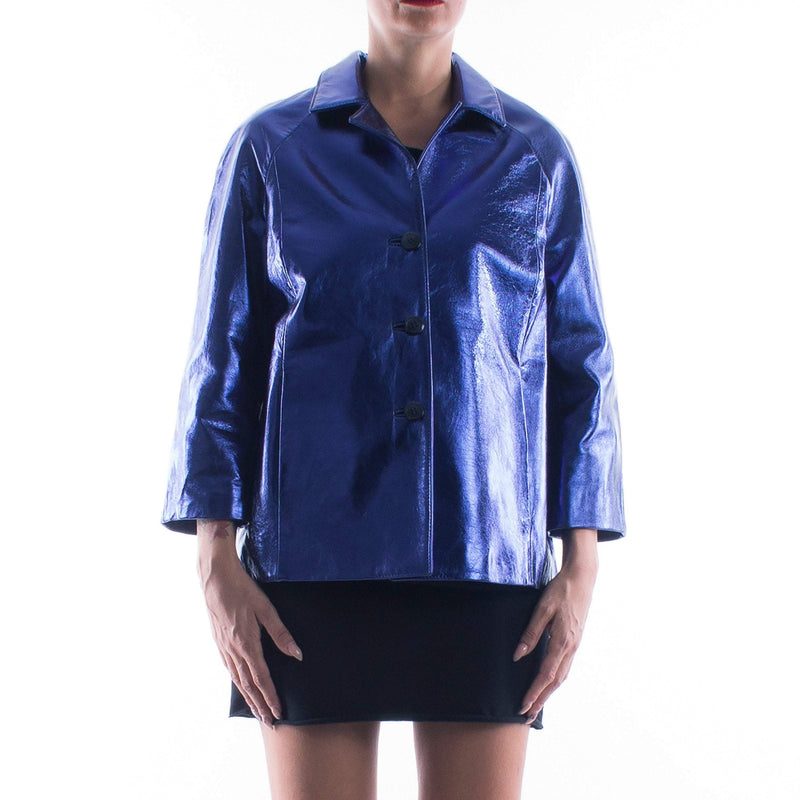 Italian handmade Women genuine lambskin leather jacket color Metallic Blue size M