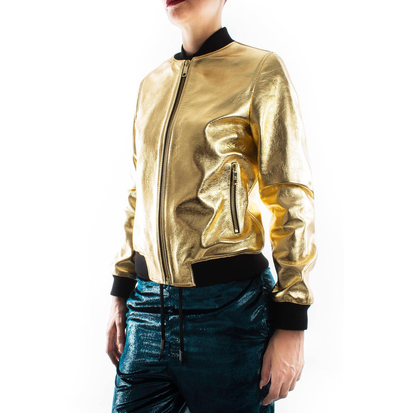 Italian handmade Women genuine lambskin leather bomber jacket METALLIC GOLD