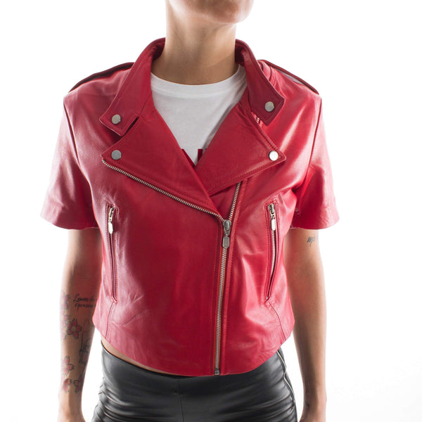 Italian handmade Women soft genuine lambskin leather fitted jacket slim fit color RED short sleeves Light weight