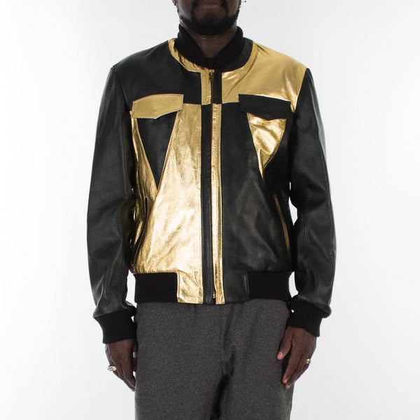 Italian handmade Men soft genuine lambskin Bomber leather jacket color Black & Metallic Gold S to XL
