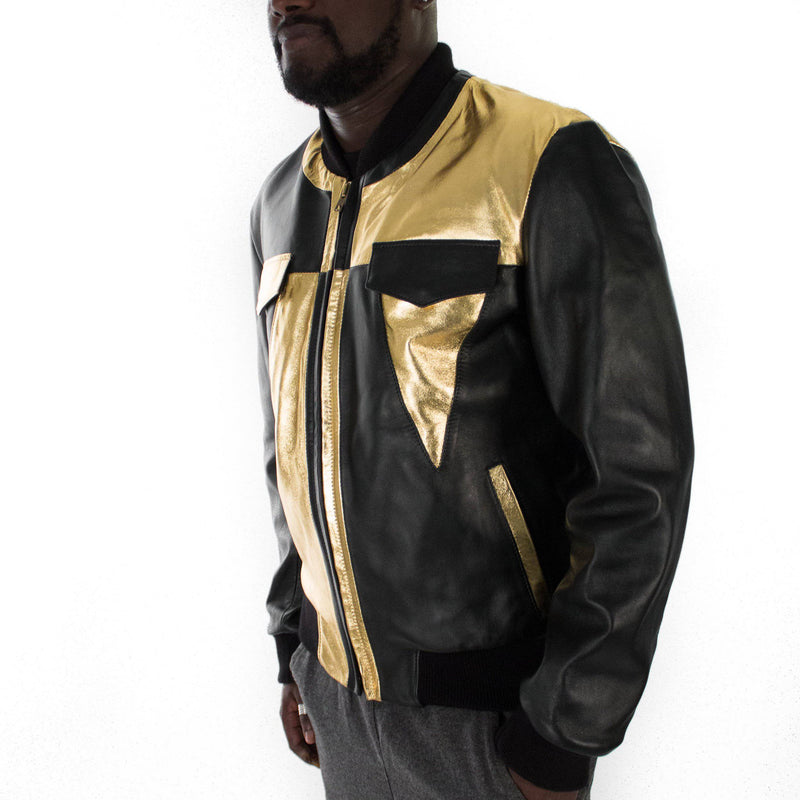 Italian handmade Men soft genuine lambskin Bomber leather jacket color Black & Metallic Gold S to XL
