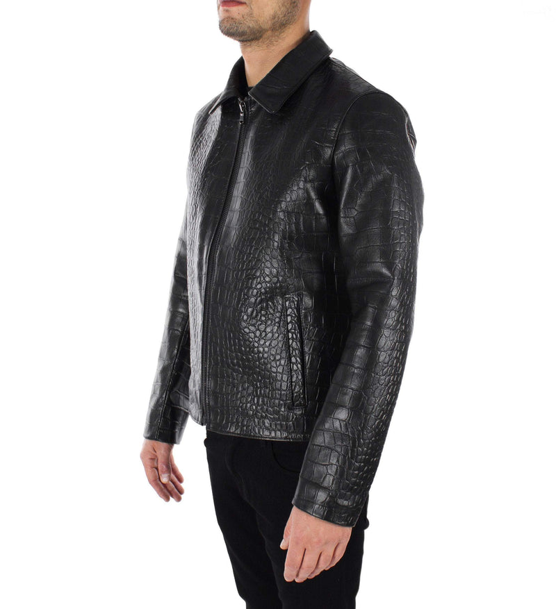 Italian handmade slim fit Men genuine goat leather jacket crocodile black