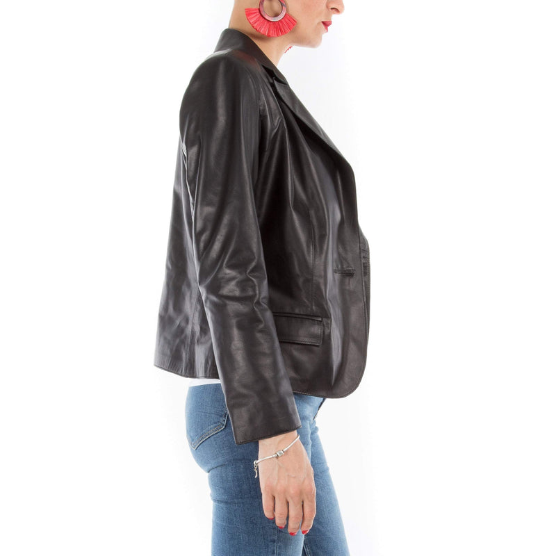 Italian handmade Women genuine soft lambskin leather blazer lightweight jacket slim fit color black