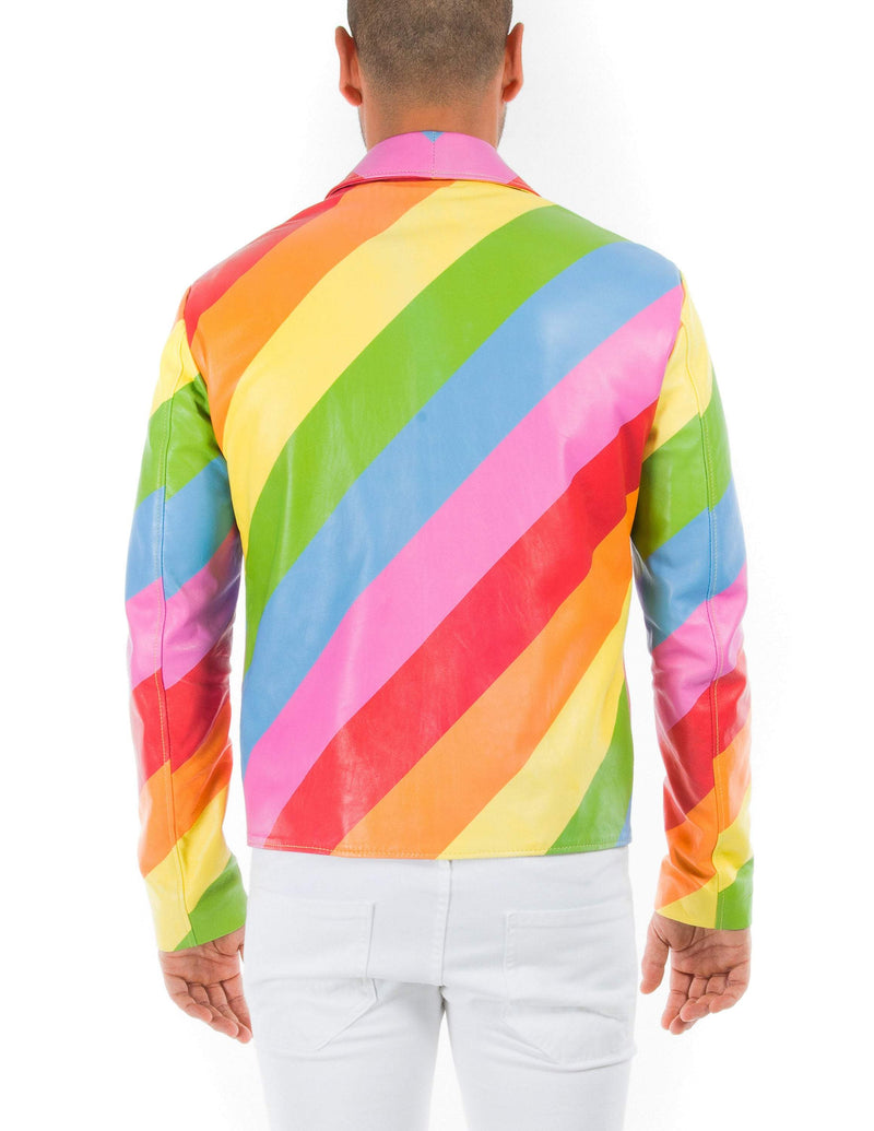 Italian handmade slim fit pride Gay Men genuine Lambskin leather Lightweight jacket Multicolor RAINBOW XS to 2XL