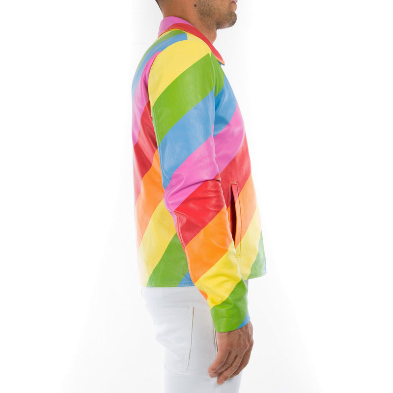 Italian handmade slim fit pride Gay Men genuine Lambskin leather Lightweight jacket Multicolor RAINBOW XS to 2XL