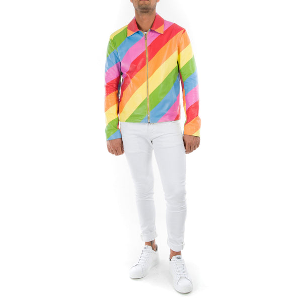 Italian handmade slim fit pride Gay Men genuine Lambskin leather Lightweight jacket Multicolor RAINBOW XS to 2XL