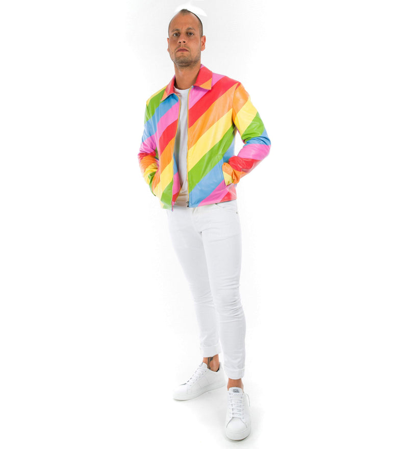 Italian handmade slim fit pride Gay Men genuine Lambskin leather Lightweight jacket Multicolor RAINBOW XS to 2XL