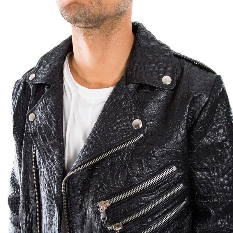 Italian handmade Men black Crocodile textured leather biker jacket