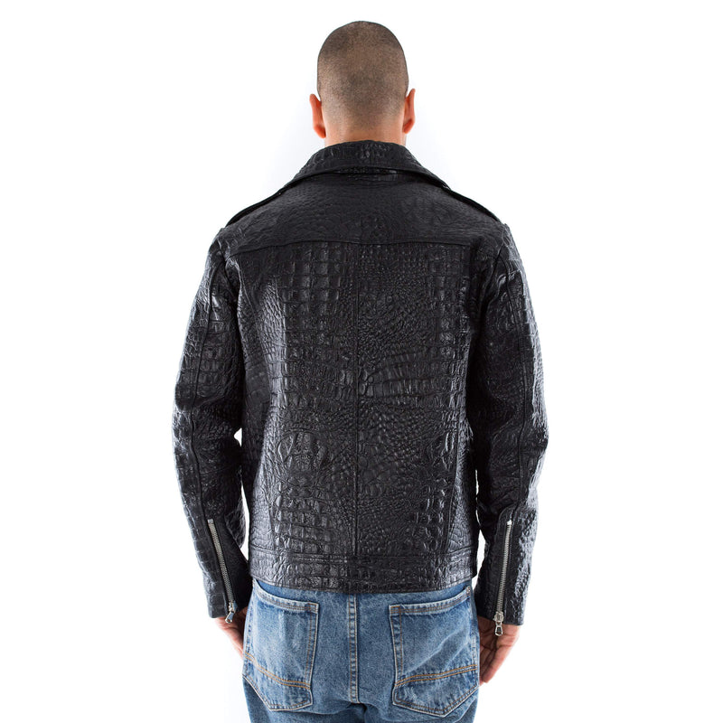 Italian handmade Men black Crocodile embossed on Goatskin leather biker  jacket slim fit XXS to 3XL