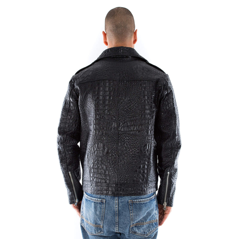 Italian handmade Men black Crocodile leather biker jacket slim fit XXS to 3XL