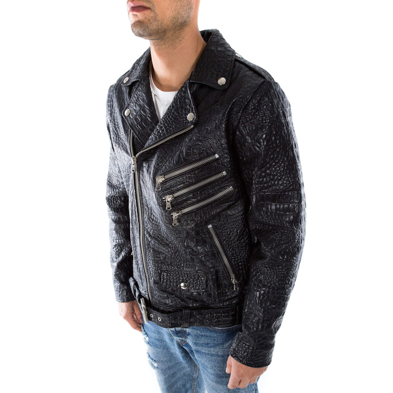 Italian handmade Men black Crocodile leather biker jacket slim fit XXS to 3XL