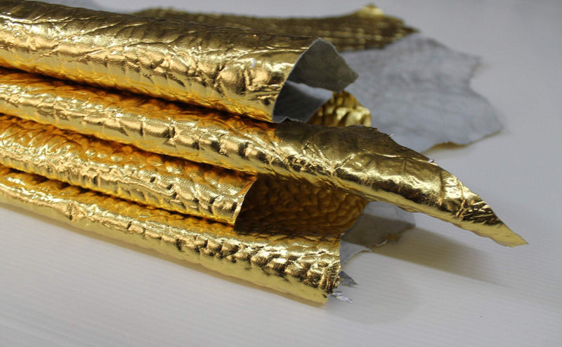 METALLIC GOLD CROCODILE Alligator embossed textured Italian Goatskin leather 12 skins hides total 75-80sqf 0.8mm