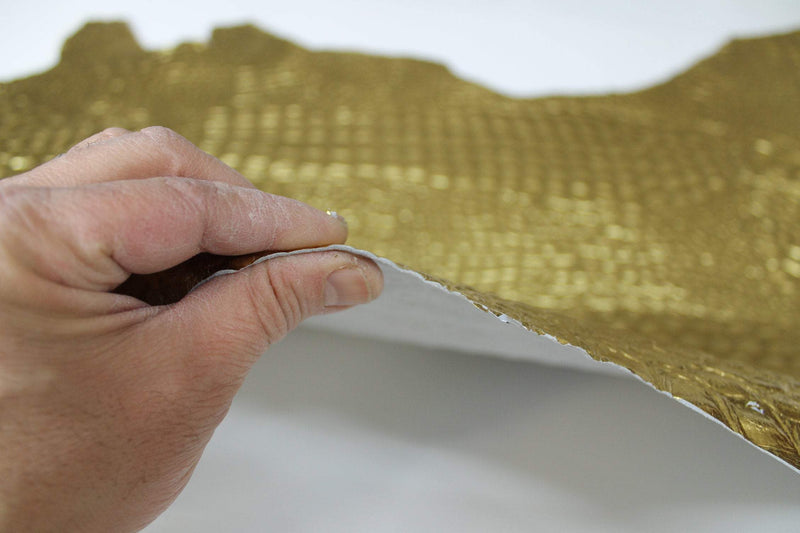 METALLIC GOLD CROCODILE Alligator embossed textured Italian Goatskin leather 12 skins hides total 75-80sqf 0.8mm