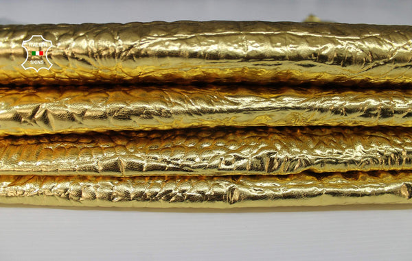 METALLIC GOLD CROCODILE Alligator embossed textured Italian Goatskin leather 12 skins hides total 75-80sqf 0.8mm