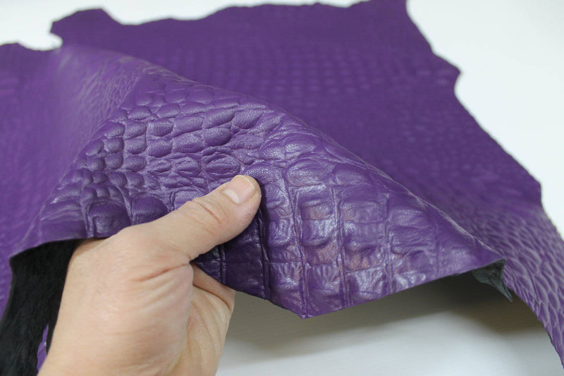 PURPLE CROCODILE ALLIGATOR embossed textured Italian Goatskin leather 12 skins hides total 80-90sqf 0.8mm