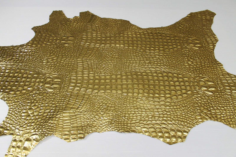 METALLIC GOLD CROCODILE Alligator embossed textured Italian Goatskin leather 12 skins hides total 75-80sqf 0.8mm