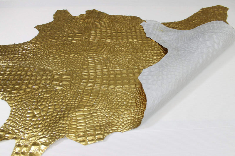 METALLIC GOLD CROCODILE Alligator embossed textured Italian Goatskin leather 12 skins hides total 75-80sqf 0.8mm