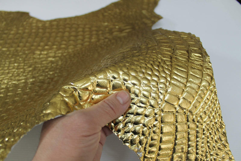 METALLIC GOLD CROCODILE Alligator embossed textured Italian Goatskin leather 12 skins hides total 75-80sqf 0.8mm