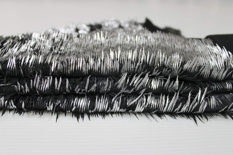 METALLIC SILVER FRINGED on black fringe Italian genuine Lambskin Lamb Sheep leather skins hides