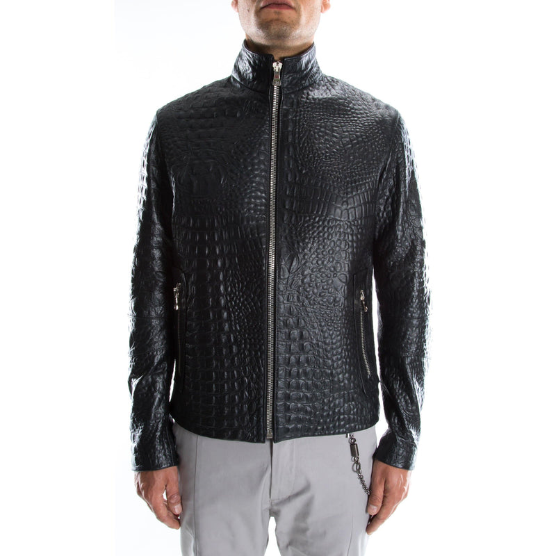 BLACK ALLIGATOR CROCODILE Italian handmade Men genuine Goatskin leather jacket slim fit xs to 2xl