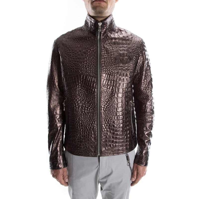 BRONZE ALLIGATOR CROCODILE Italian handmade Men genuine Goatskin leather jacket slim fit xs to 2xl