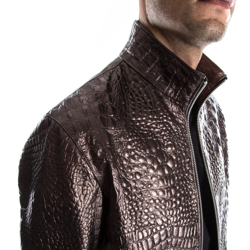 BRONZE ALLIGATOR CROCODILE Italian handmade Men genuine Goatskin leather jacket slim fit xs to 2xl