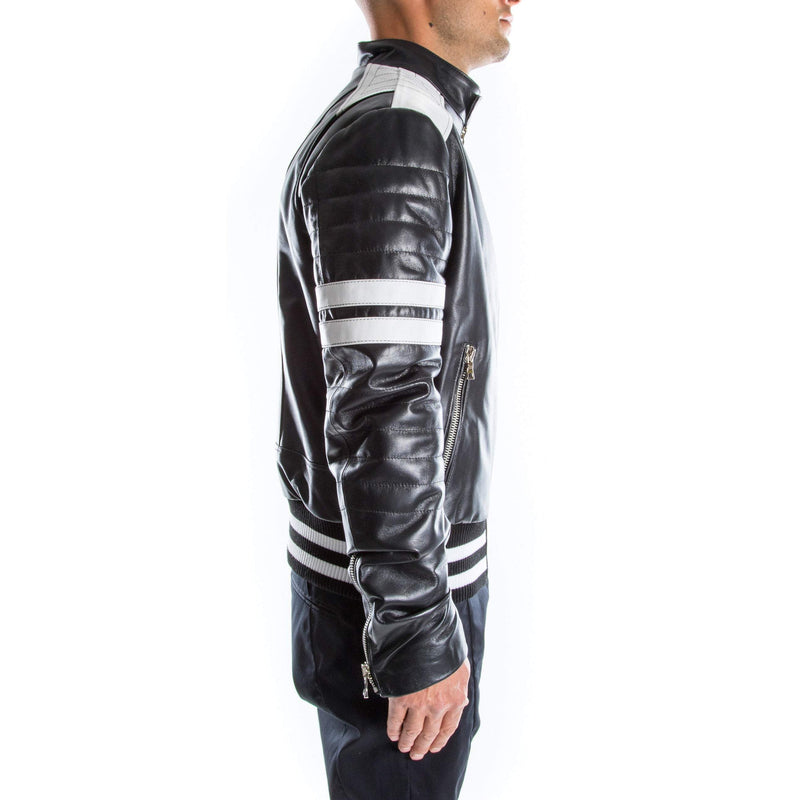 Italian handmade Men genuine lambskin Lamb Bomber leather jacket BLACK & WHITE  S to 2XL