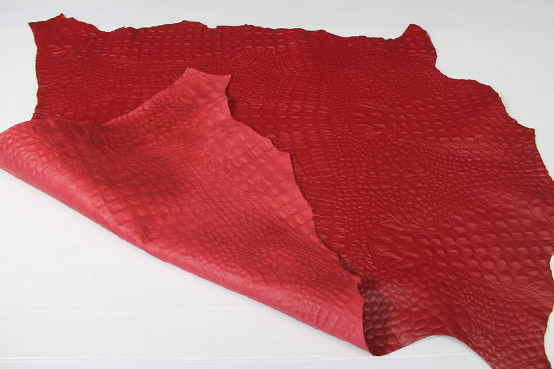 RED CROCODILE ALLIGATOR embossed textured Italian Goatskin leather 12 skins hides total 80-90sqf 0.8mm
