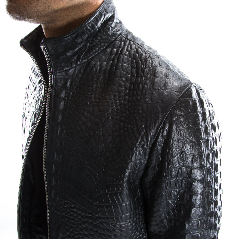 BLACK ALLIGATOR CROCODILE Italian handmade Men genuine Goatskin leather jacket slim fit xs to 2xl