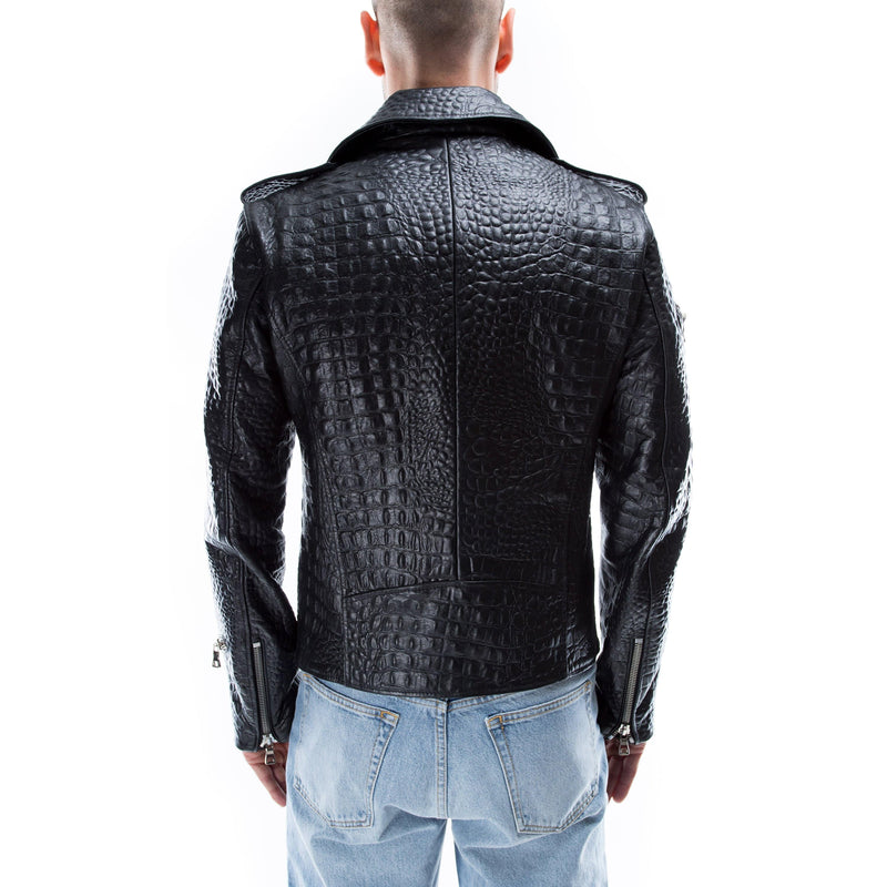 Italian handmade Men black Crocodile textured leather biker jacket slim fit XXS to 3XL