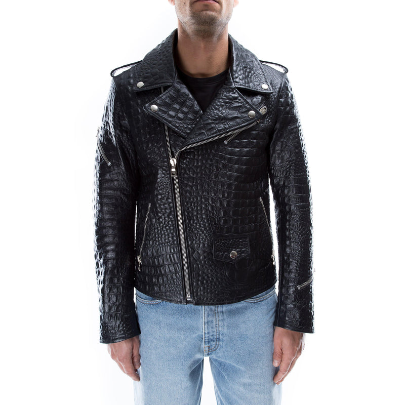 Italian handmade Men black Crocodile embossed on Goatskin leather biker  jacket slim fit XXS to 3XL