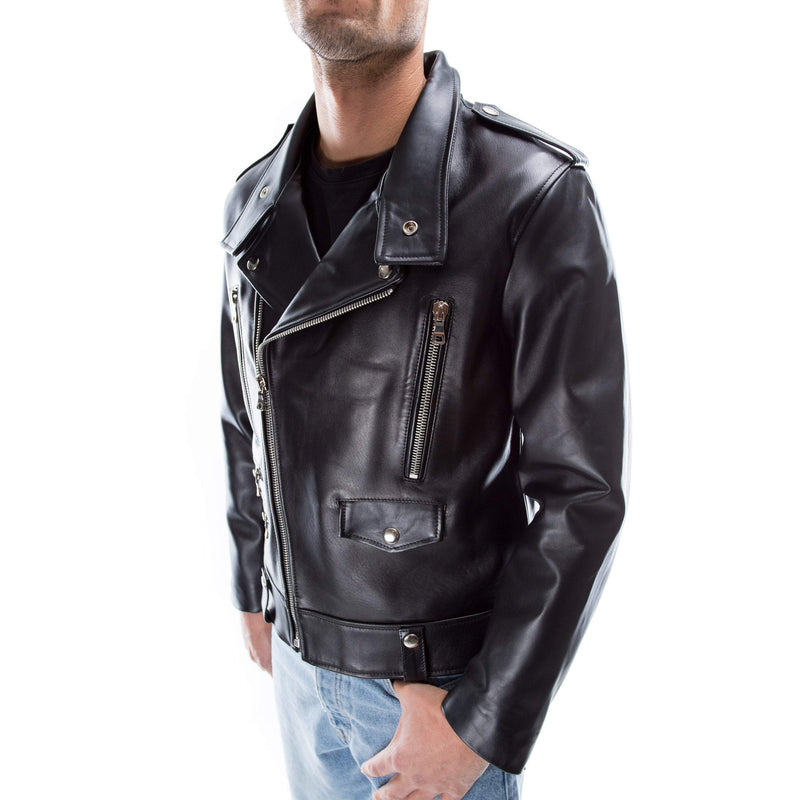 Italian handmade Men genuine lambskin leather biker jacket slim fit color black silver hardware S to 2XL