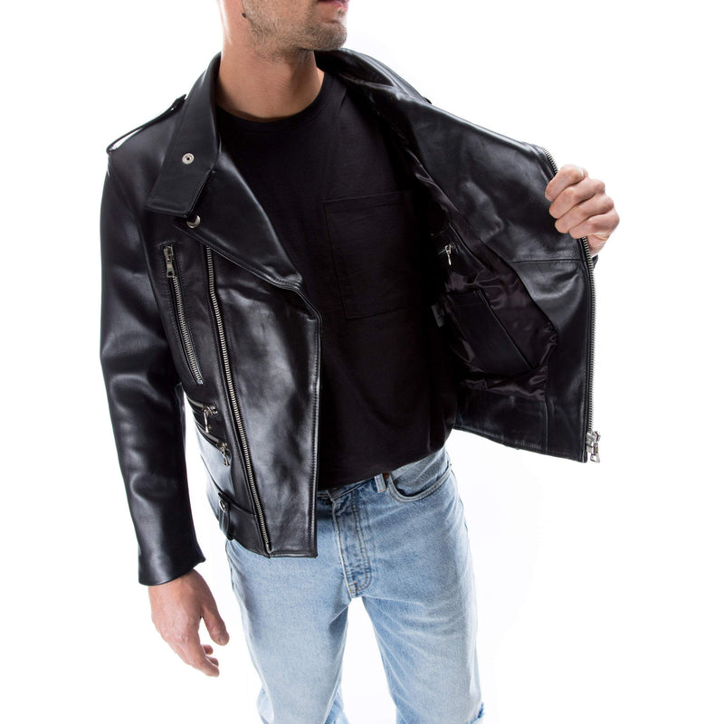 Italian handmade Men genuine lambskin leather biker jacket slim fit color black silver hardware S to 2XL