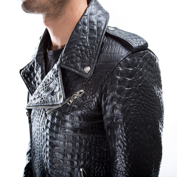 Italian handmade Men black Crocodile textured leather biker jacket slim fit XXS to 3XL