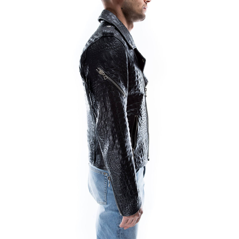Italian handmade Men black Crocodile textured leather biker jacket slim fit XXS to 3XL