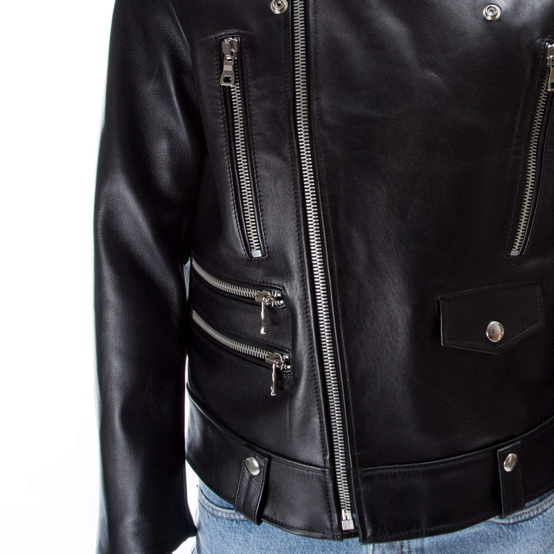 Italian handmade Men genuine lambskin leather biker jacket slim fit color black silver hardware S to 2XL