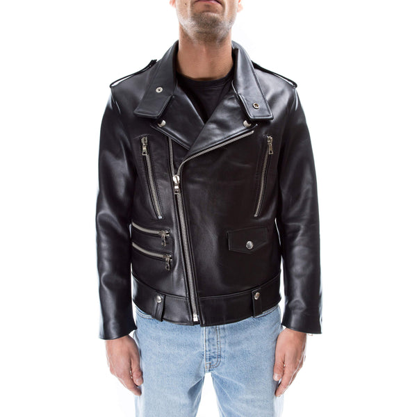 Italian handmade Men genuine lambskin leather biker jacket slim fit color black silver hardware S to 2XL