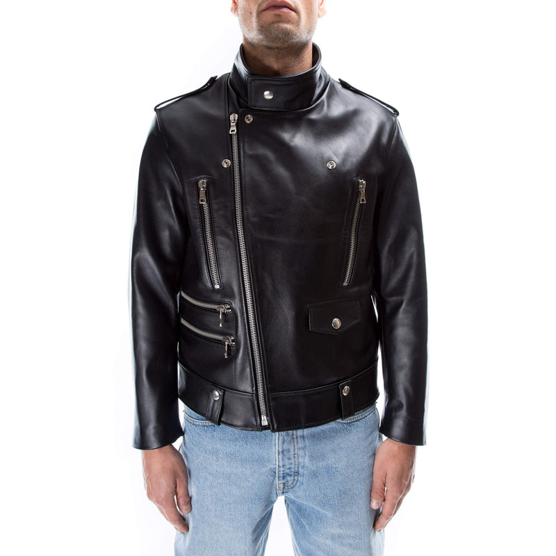 Italian handmade Men genuine lambskin leather biker jacket slim fit color black silver hardware S to 2XL