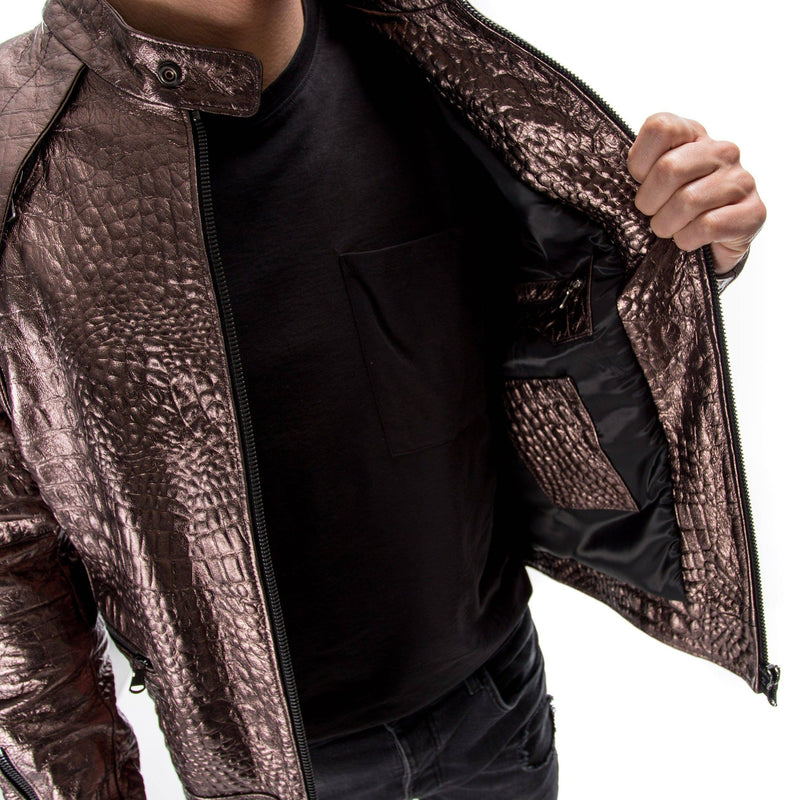 BRONZE ALLIGATOR CROCODILE Italian handmade Men genuine Goatskin leather jacket slim fit Xs to 3XL