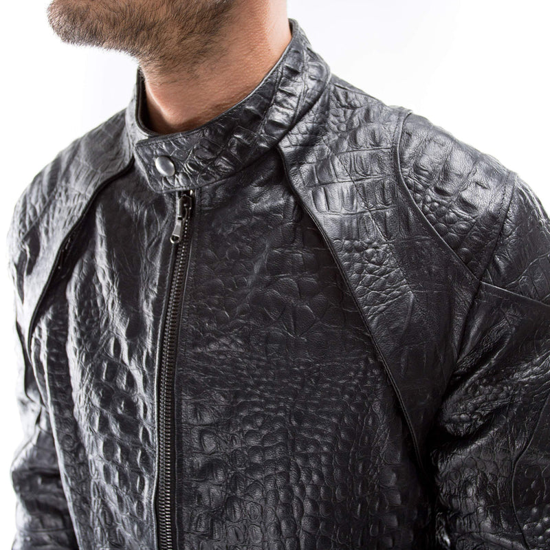BLACK ALLIGATOR CROCODILE Italian handmade Men genuine Goatskin leather jacket slim fit Xs to 3XL