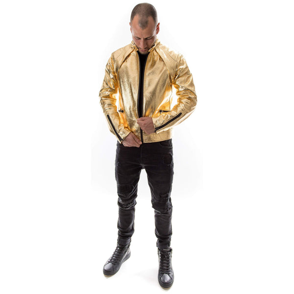 METALIC GOLD Italian handmade Men genuine Lambskin real leather jacket slim fit Xs to 3XL