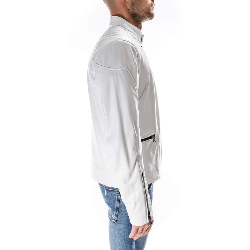 WHITE Italian handmade Men genuine Lambskin real leather jacket slim fit XS to 3XL