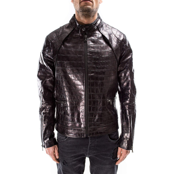 BLACK ALLIGATOR CROCODILE distressed Italian handmade Men genuine Goatskin leather jacket slim fit Xs to 3XL