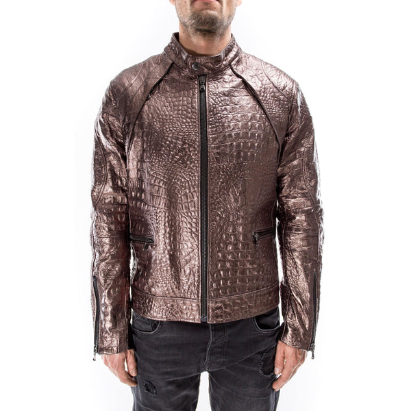 BRONZE ALLIGATOR CROCODILE Italian handmade Men genuine Goatskin leather jacket slim fit Xs to 3XL