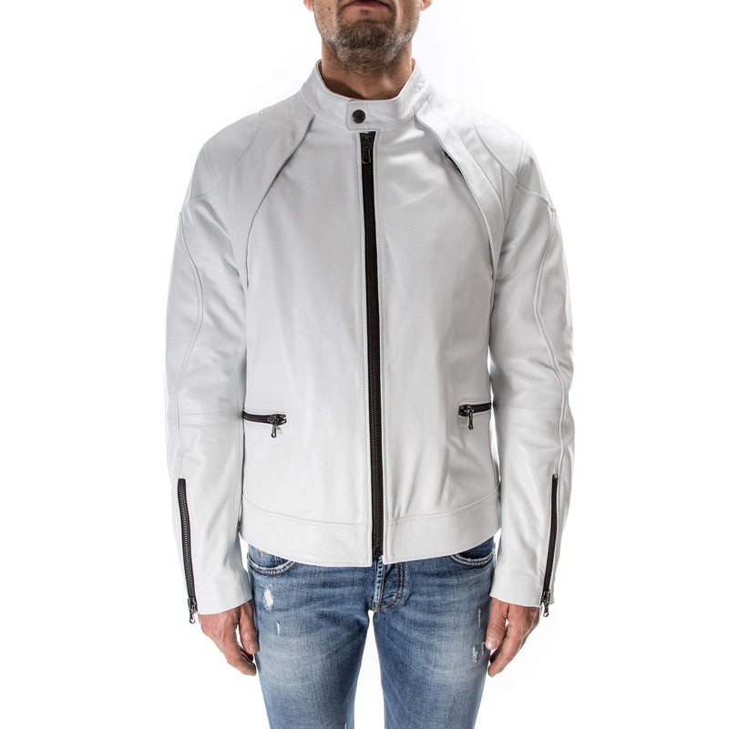 WHITE Italian handmade Men genuine Lambskin real leather jacket slim fit XS to 3XL