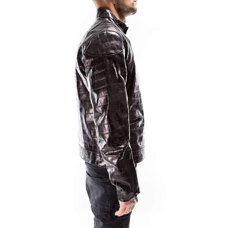 BLACK ALLIGATOR CROCODILE distressed Italian handmade Men genuine Goatskin leather jacket slim fit Xs to 3XL