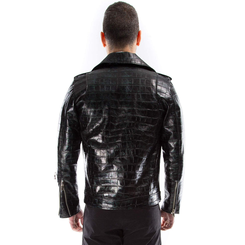 Italian handmade Men black Distressed Crocodile leather biker jacket slim fit XXS to 2XL