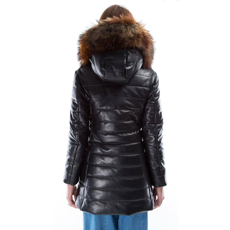 Italian handmade Women genuine soft lambskin leather hooded quilted warm jacket coat slim fit color black
